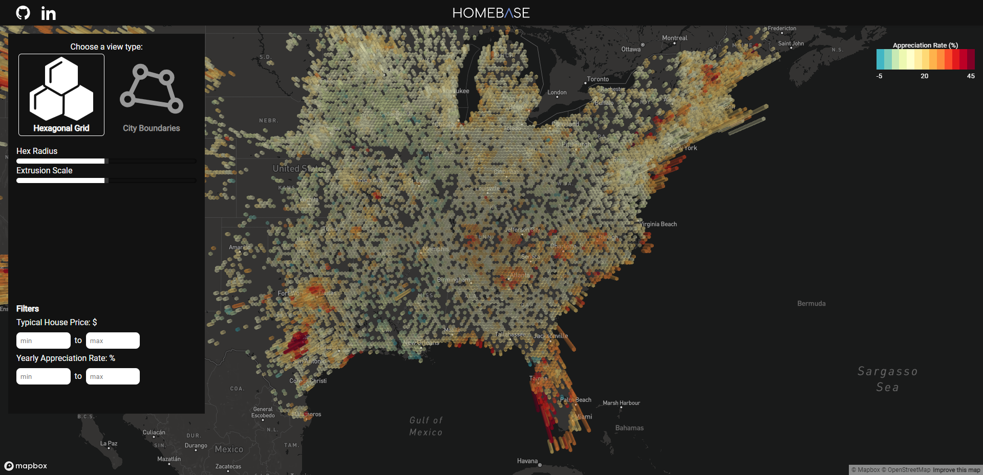 Trend algorithms determine appreciation rate and average price of homes in a given city. The hexagon layer is used to visualize the trends in a more performant and generalized way than the detailed city layer.