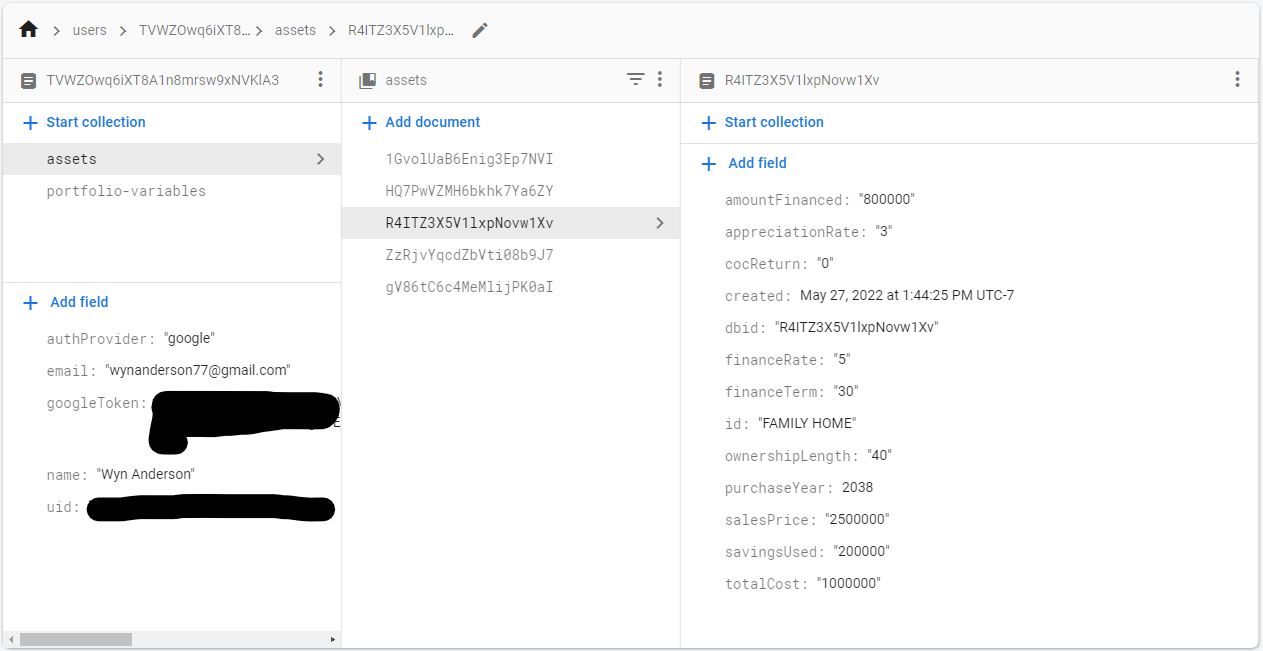 All user details, including financial model inputs and the user's asset collection, are stored to Firebase. On page load, Spark first verifies whether a user is logged in, then if that user has portfolio variables or assets, will automatically repopulate the relevant fields. 